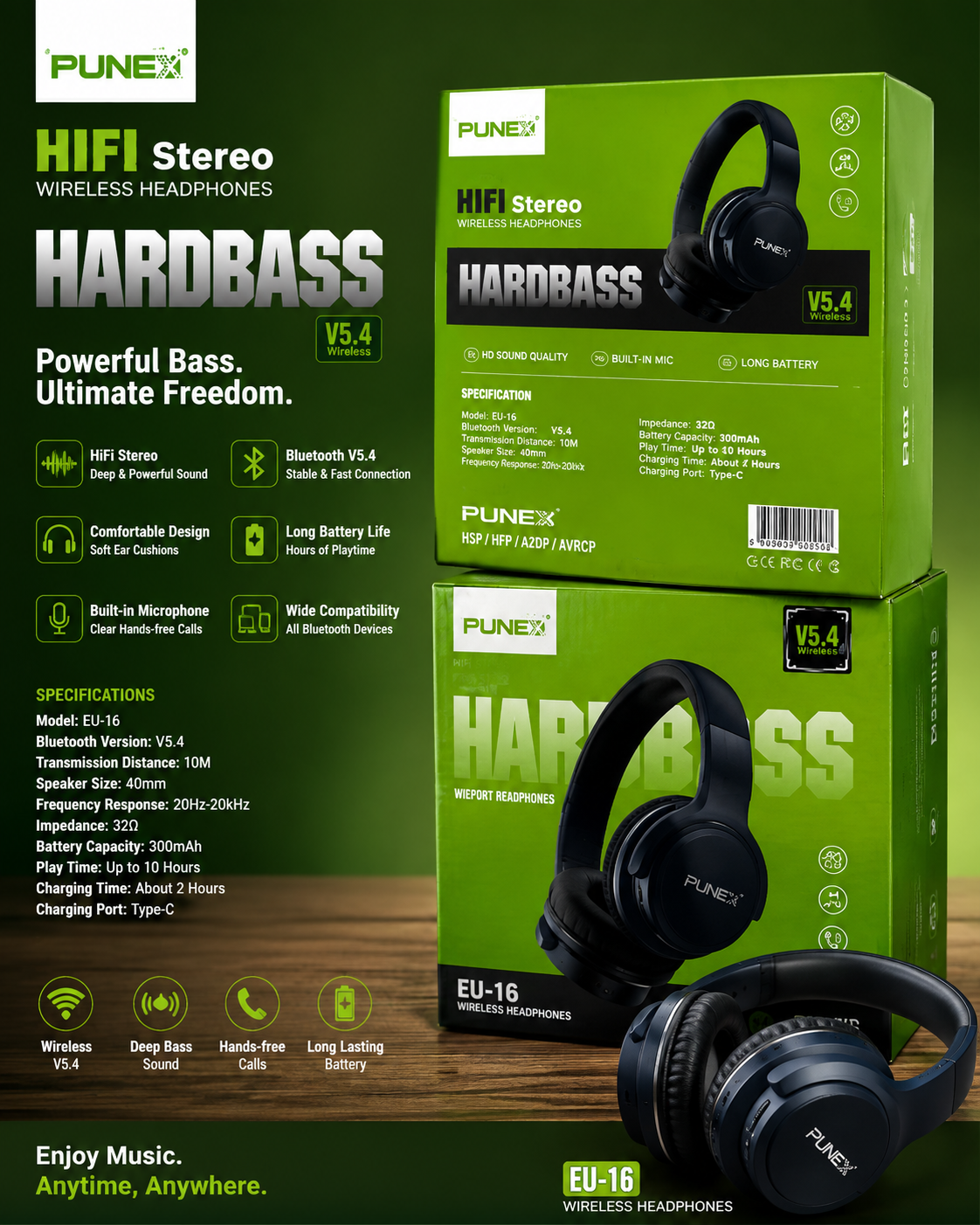 Punex EU-16 Heavy Duty Wireless Headphones – Bluetooth Headset with Powerful Bass, Stereo Sound & Hands-Free Calling