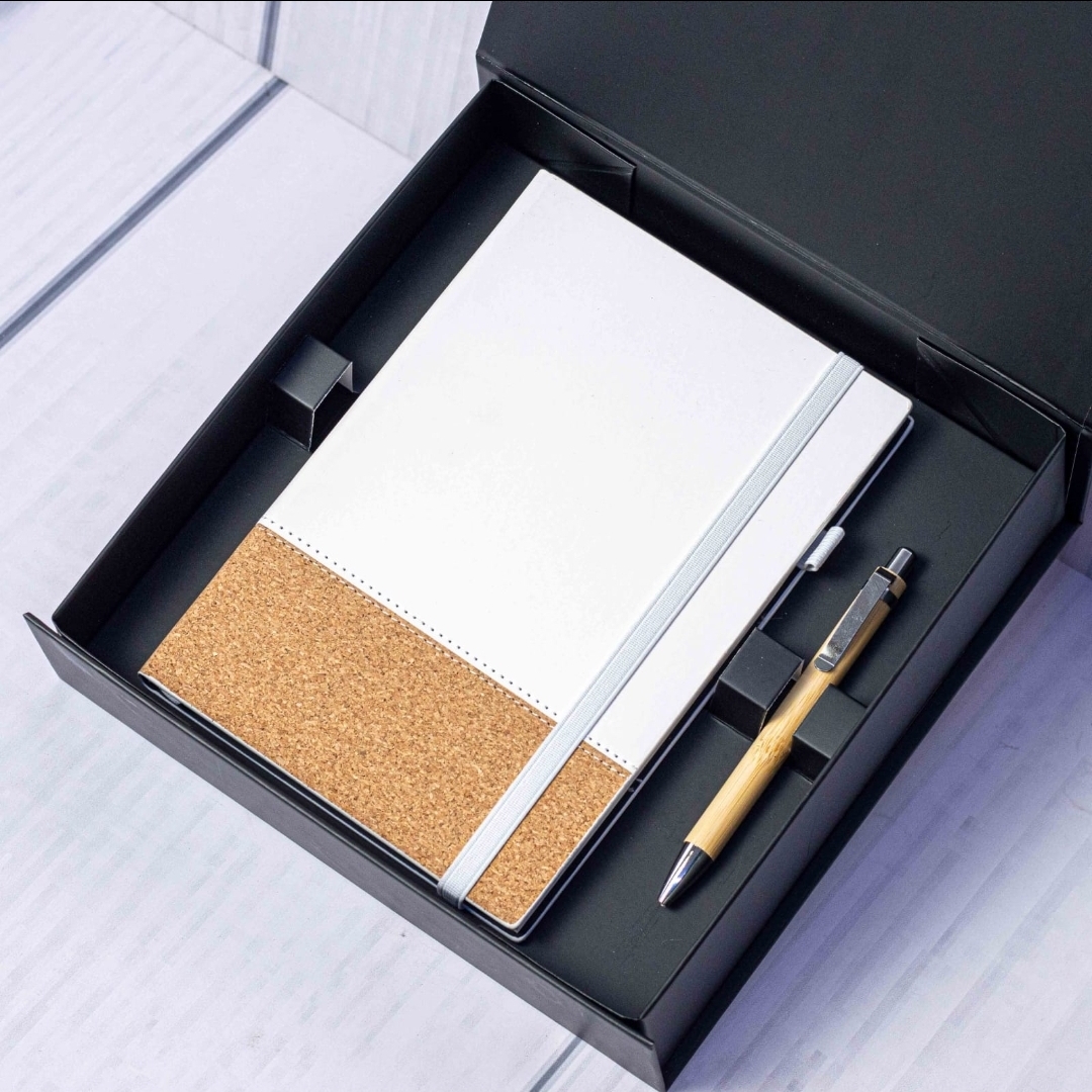 EcoBase Cork Notebook & Bamboo Pen Gift Set – Premium A5 Journal with Elastic Closure | Eco-Friendly Office & School Writing Kit