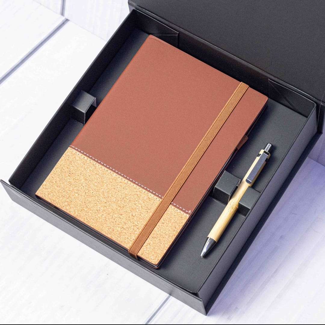EcoBase Cork Notebook & Bamboo Pen Gift Set – Premium A5 Journal with Elastic Closure | Eco-Friendly Office & School Writing Kit