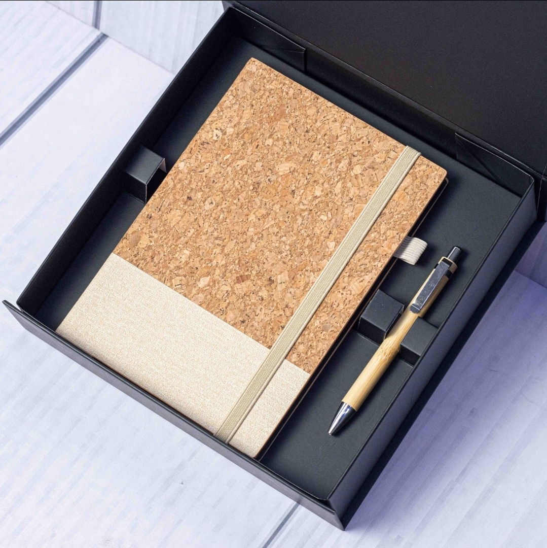 EcoBase Cork Notebook & Bamboo Pen Gift Set – Premium A5 Journal with Elastic Closure | Eco-Friendly Office & School Writing Kit