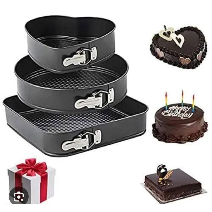 Limited Offer 3-Piece Non-Stick Springform Baking Tins Heart Round Square Cake Pan Set Removable Base
