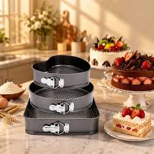 Limited Offer 3-Piece Non-Stick Springform Baking Tins Heart Round Square Cake Pan Set Removable Base