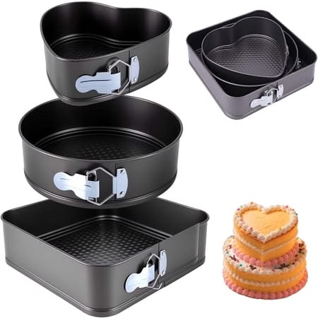 Limited Offer 3-Piece Non-Stick Springform Baking Tins Heart Round Square Cake Pan Set Removable Base
