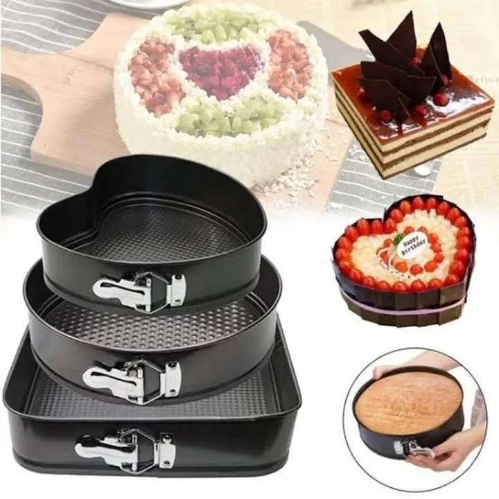Limited Offer 3-Piece Non-Stick Springform Baking Tins Heart Round Square Cake Pan Set Removable Base
