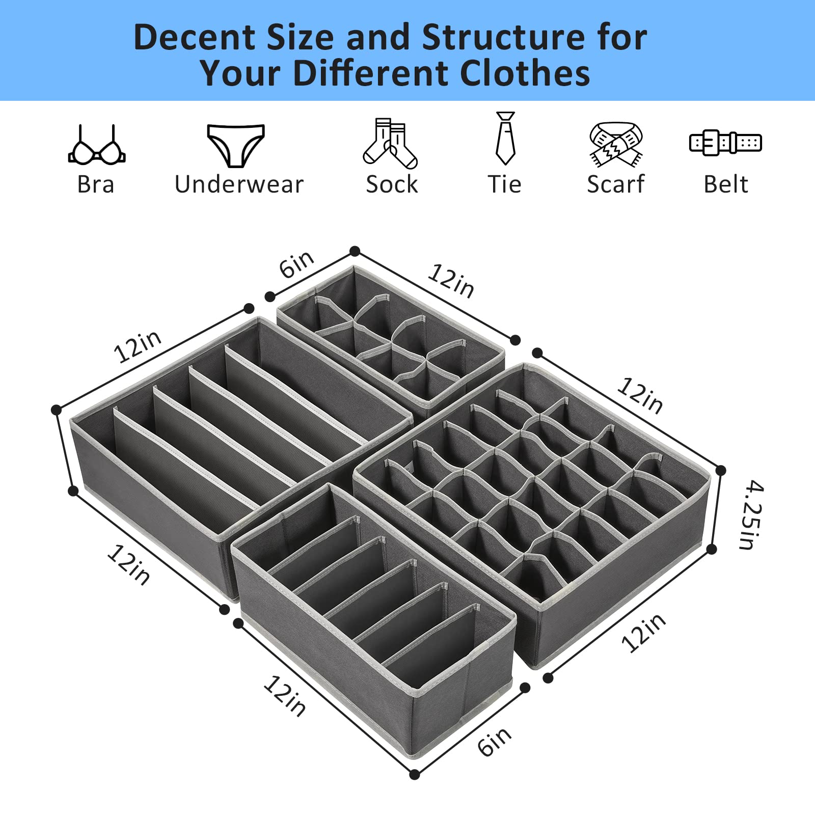 Foldable 4-in-1 Under Garment Organizer Set – Closet Storage Box for Bras, Panties, Socks & Ties, Drawer Divider Organizer, Space-Saving Wardrobe Storage Solution for Home Organization