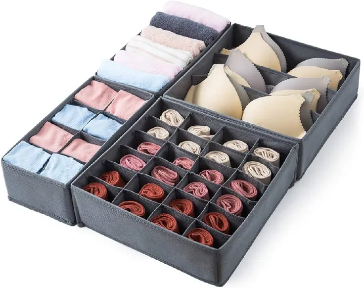 Foldable 4-in-1 Under Garment Organizer Set – Closet Storage Box for Bras, Panties, Socks & Ties, Drawer Divider Organizer, Space-Saving Wardrobe Storage Solution for Home Organization