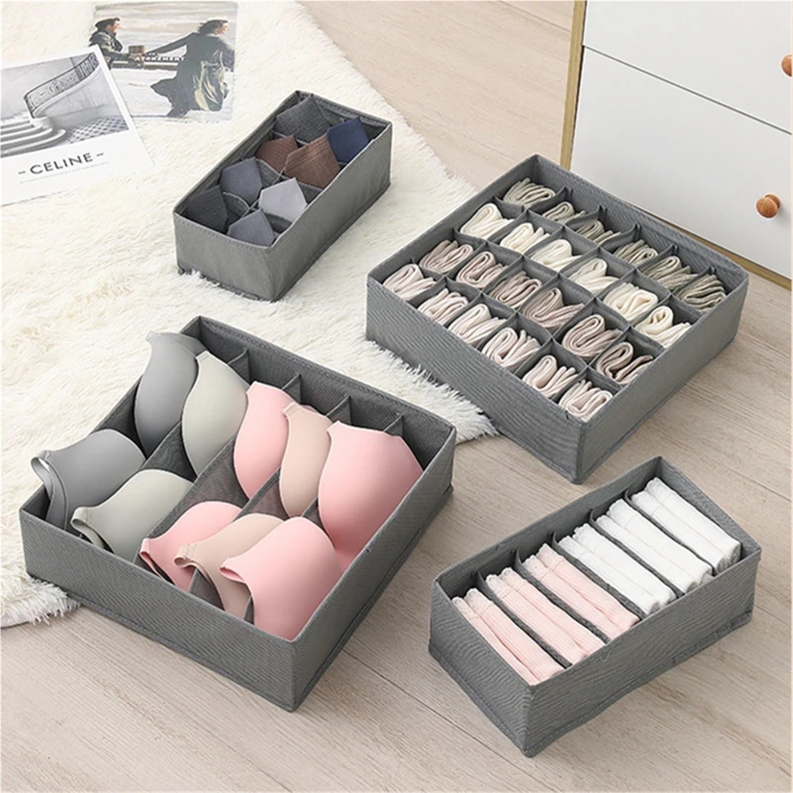 Foldable 4-in-1 Under Garment Organizer Set – Closet Storage Box for Bras, Panties, Socks & Ties, Drawer Divider Organizer, Space-Saving Wardrobe Storage Solution for Home Organization