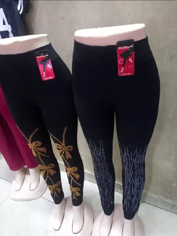 Women High-Waisted Black Stretch Leggings – Stylish Rhinestone & Bow Embellished Slim-Fit Trousers | Elastic Comfortable Ladies Fashion Leggings