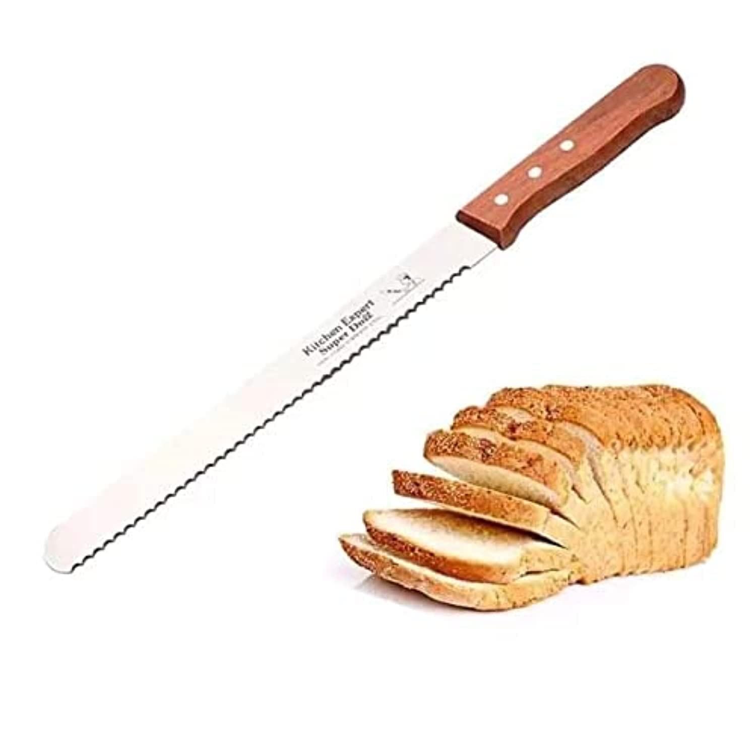 Stainless Steel Serrated Bread & Cake Knife with Wooden Handle – Long Blade for Bread, Toast & Cake Cutting
