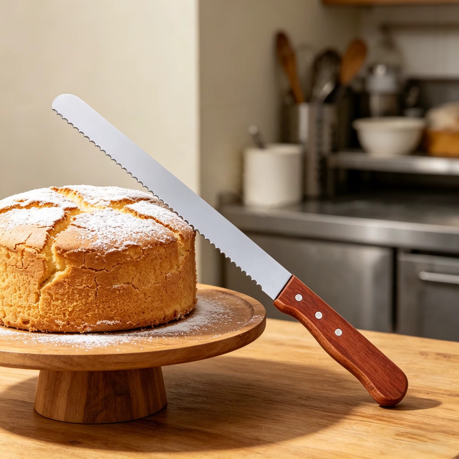 Stainless Steel Serrated Bread & Cake Knife with Wooden Handle – Long Blade for Bread, Toast & Cake Cutting