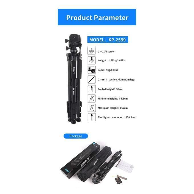 Jmary KP-2599 Aluminum Alloy Camera Tripod with Fluid Head 360° Rotation for Photography Video Shooting and Live Streaming Setup
