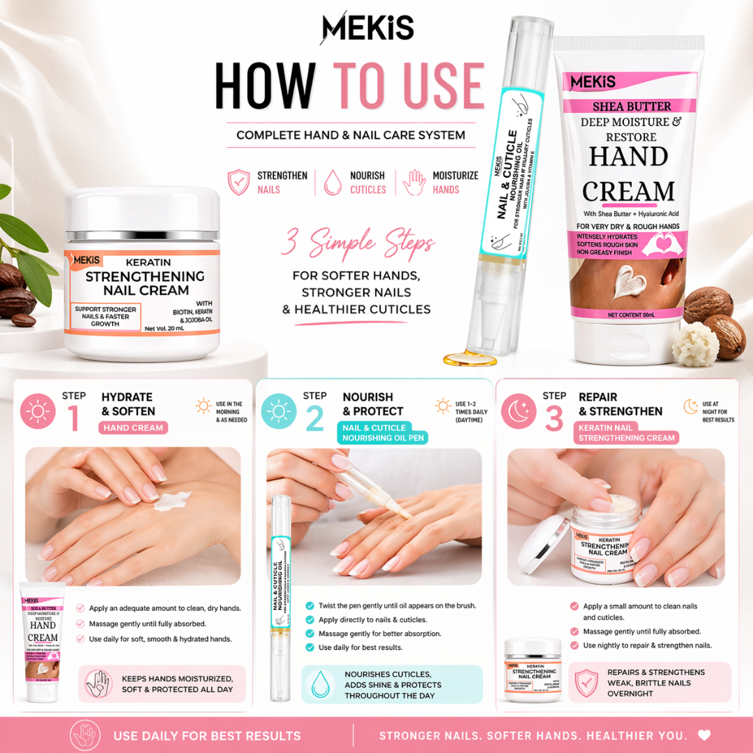 Mekis Shea Butter Hand Cream + Keratin Nail Strengthening Cream + Nourishing Oil Pen  - Repair, Strengthen, and Deeply nourish your hands, nails, and cuticles