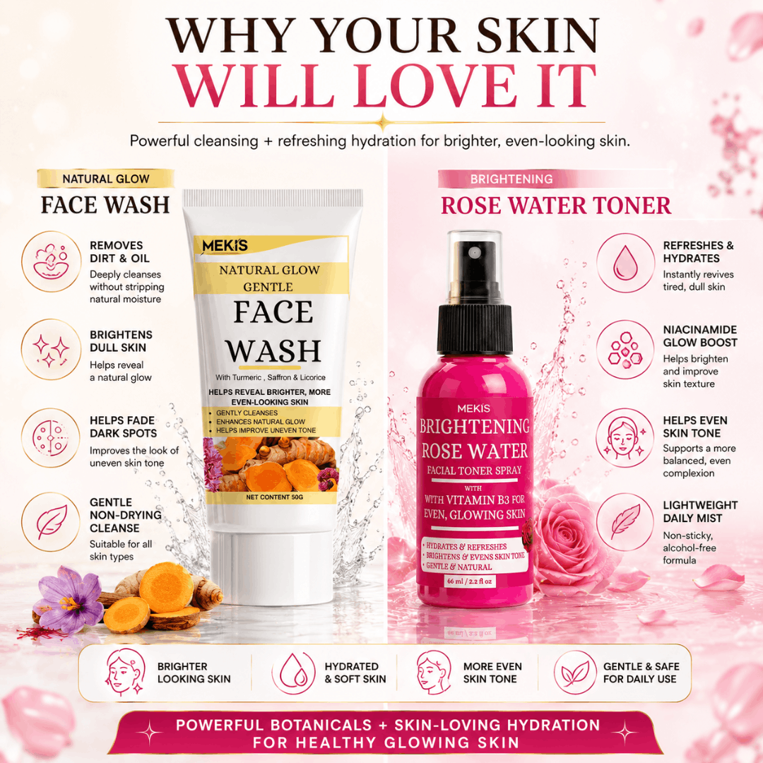 Mekis Natural Glow Face Wash + Brightening Rose Water Toner - Helps brighten dull-looking skin