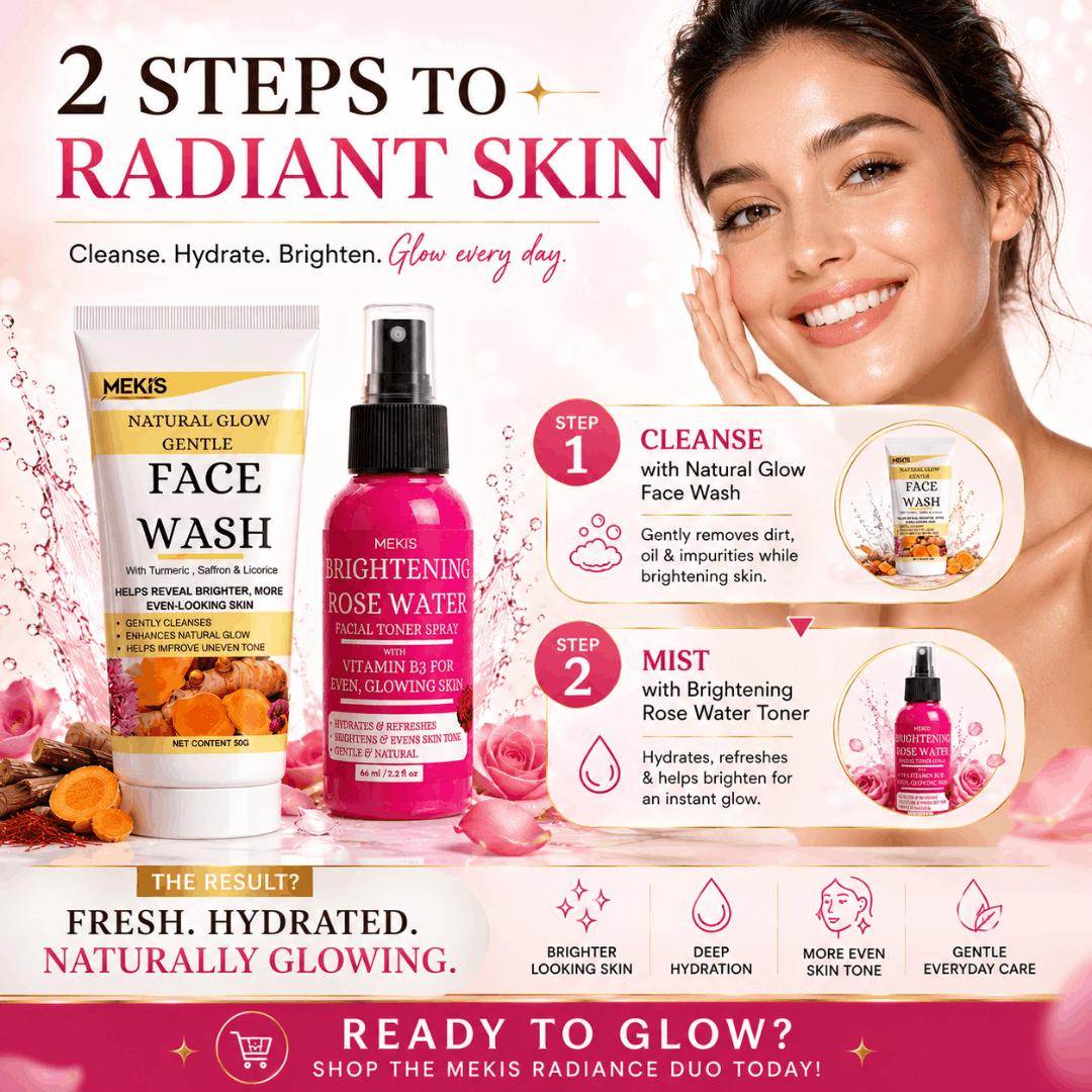 Mekis Natural Glow Face Wash + Brightening Rose Water Toner - Helps brighten dull-looking skin
