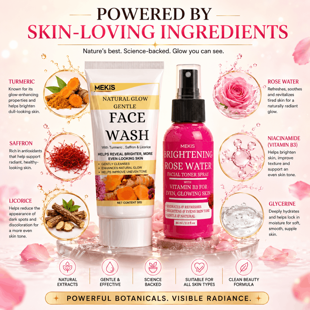 Mekis Natural Glow Face Wash + Brightening Rose Water Toner - Helps brighten dull-looking skin