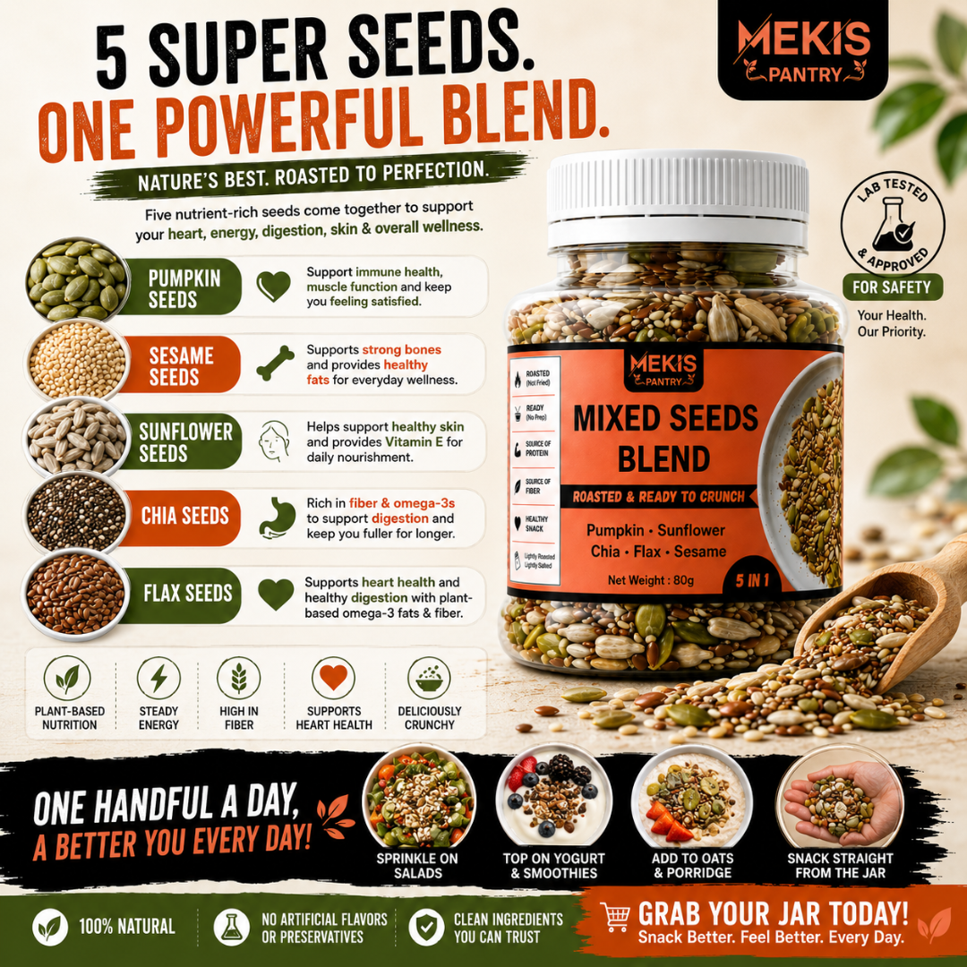Mekis Pantry 5 in 1 Mixed Seeds Blend - Lightly roasted and lightly sea salted for great taste