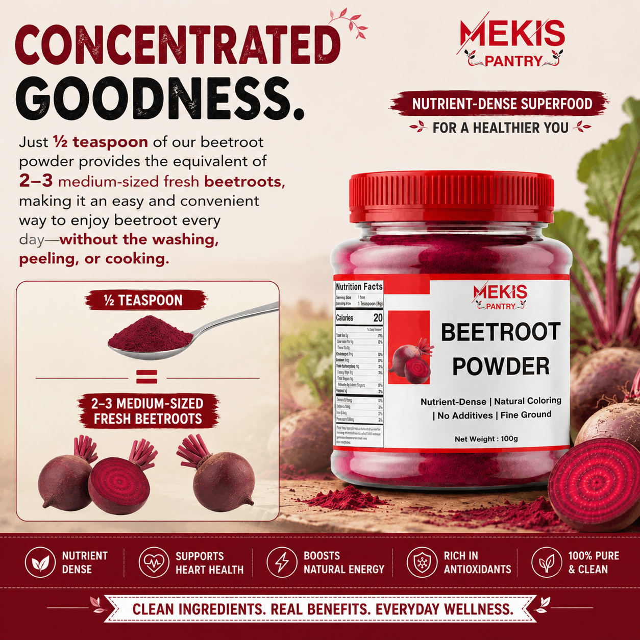 Mekis Pantry Beetroot Powder - Supports healthy blood flow and heart health