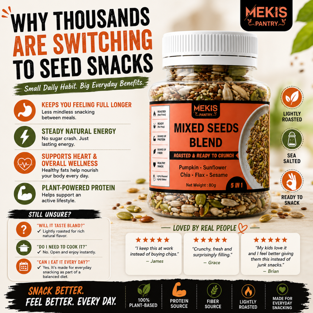 Mekis Pantry 5 in 1 Mixed Seeds Blend - Lightly roasted and lightly sea salted for great taste
