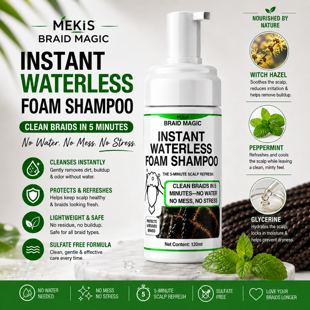 Mekis Waterless Foam Shampoo - Clean Braids in 5 Minutes—No Water, No Mess, No Stress.