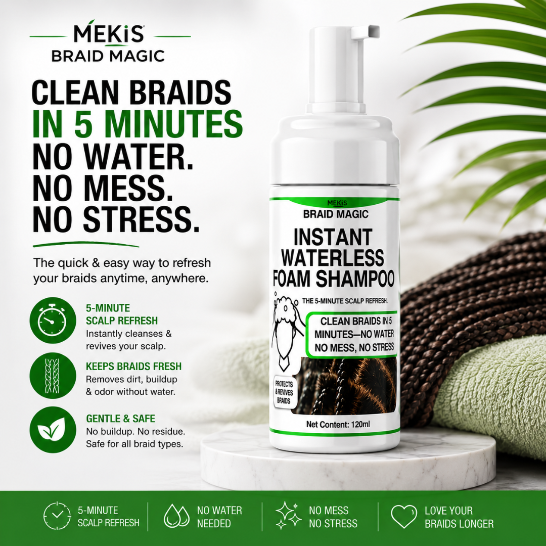 Mekis Waterless Foam Shampoo - Clean Braids in 5 Minutes—No Water, No Mess, No Stress.