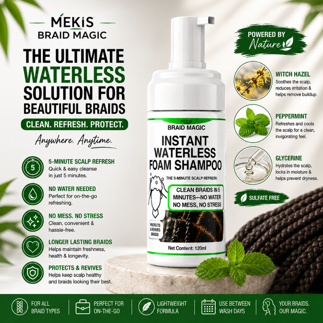 Mekis Waterless Foam Shampoo - Clean Braids in 5 Minutes—No Water, No Mess, No Stress.