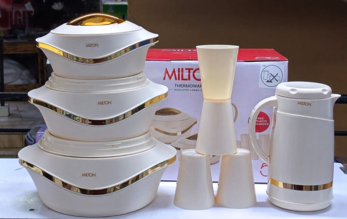 8PCS MILTON PEARL COMBO Hotpots Set with Tumblers & 1L Flask – Insulated Food Storage & Beverage Gift Set for Home & Travel