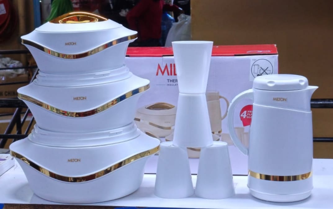 8PCS MILTON PEARL COMBO Hotpots Set with Tumblers & 1L Flask – Insulated Food Storage & Beverage Gift Set for Home & Travel