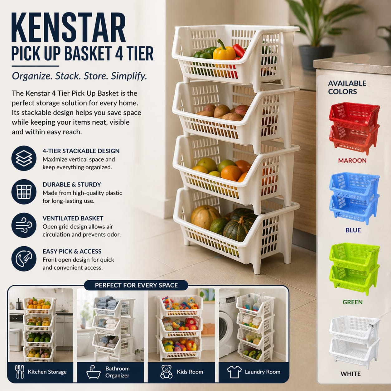 KENSTAR 4-Tier Pick-Up Basket

Keep your home neat and organized with the KENSTAR 4-Tier Pick-Up Basket. Its sturdy design and spacious storage make it perfect for organizing kitchen essentials, laund