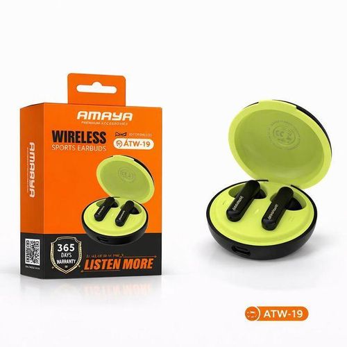 Amaya ATW-19 Wireless Sports Earbuds – Bluetooth 5.4, 24H Playtime, Deep Bass, Type-C Charging, Noise Reduction Earphones- BLACK