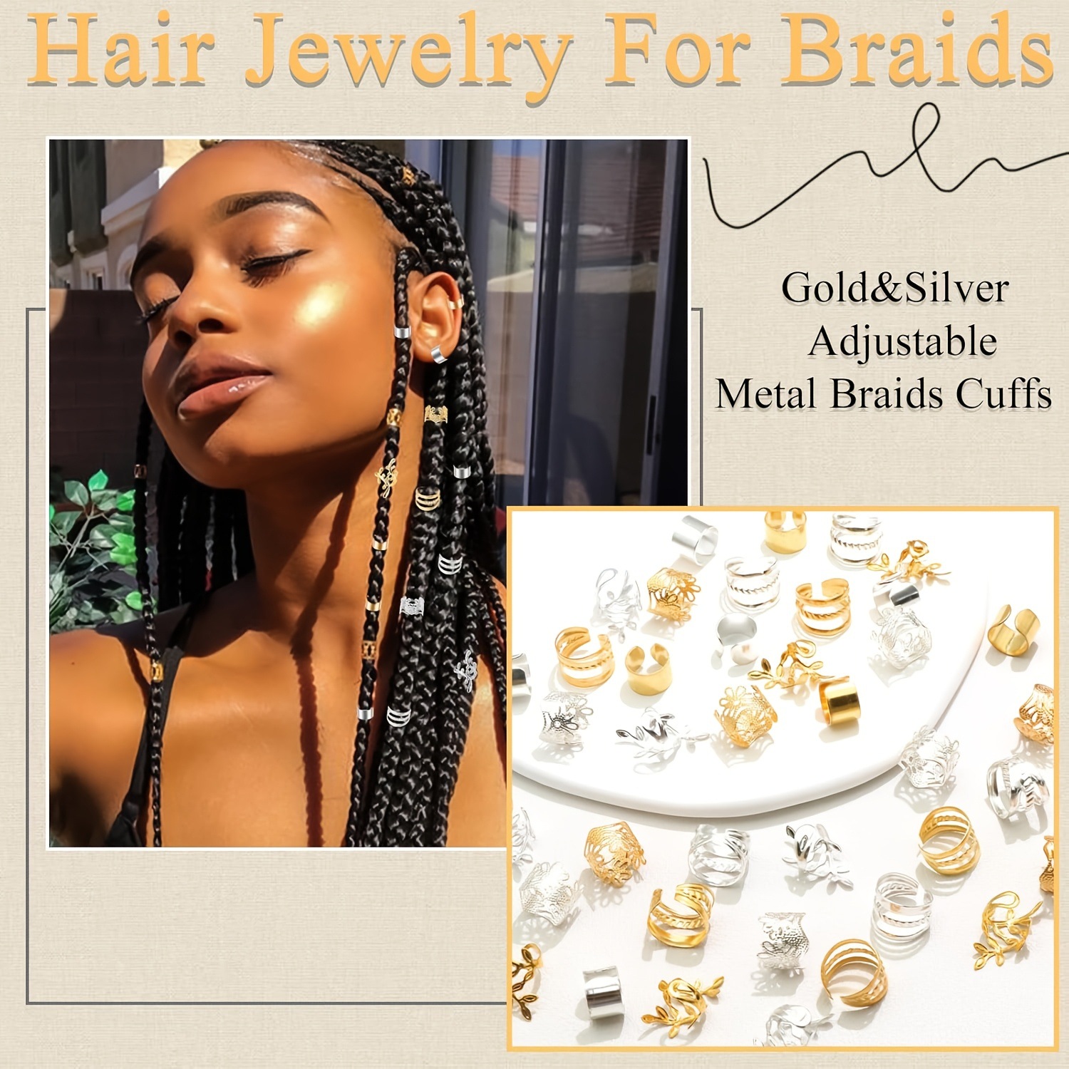 40pcs gold and silver two-tone braid hair accessories alloy dreadlock accessories metal braid hair clips European and American cross-border wholesale