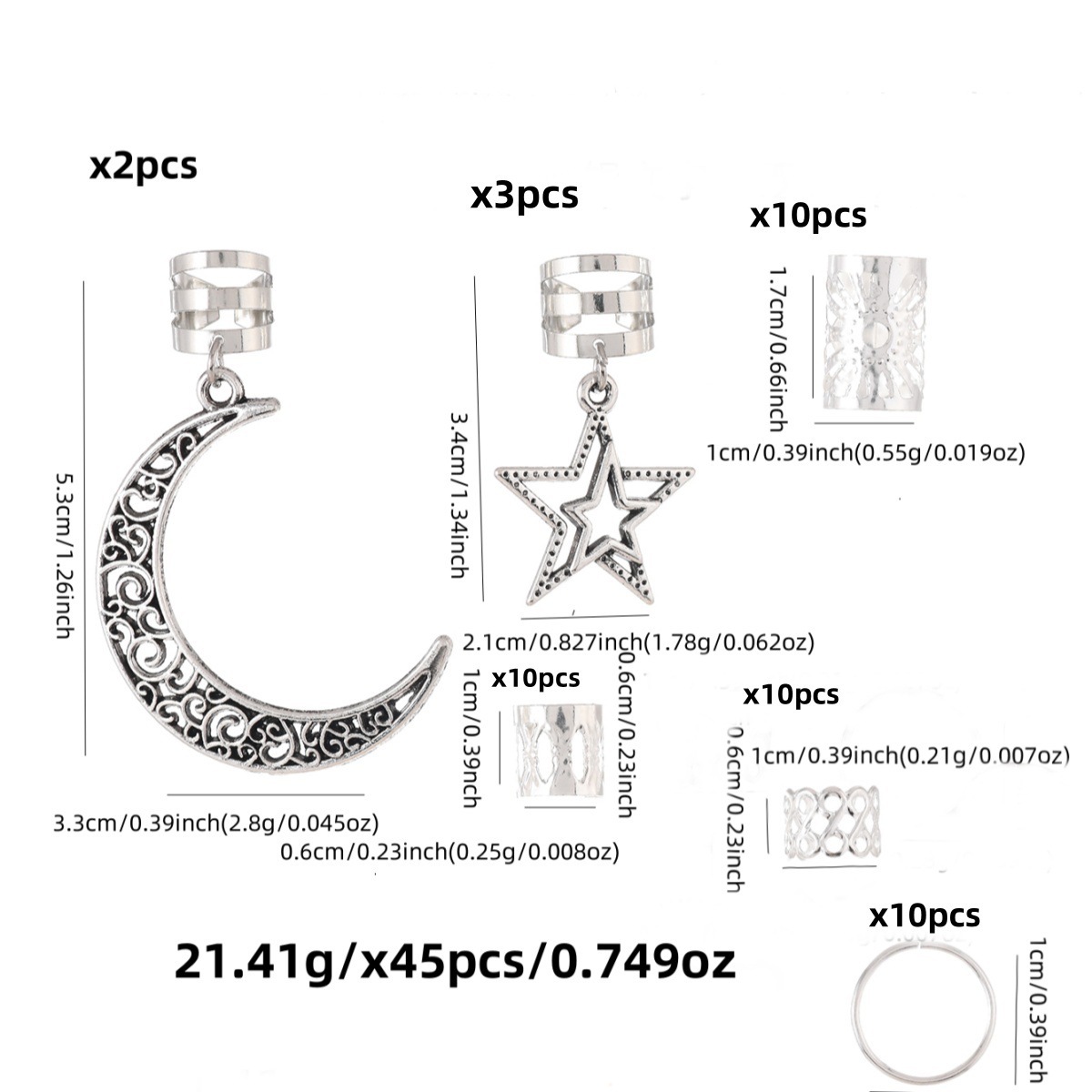 Cross-border supply for Amazon Shein 45pcs star moon hair ring metal hollow open braid dreadlock accessories