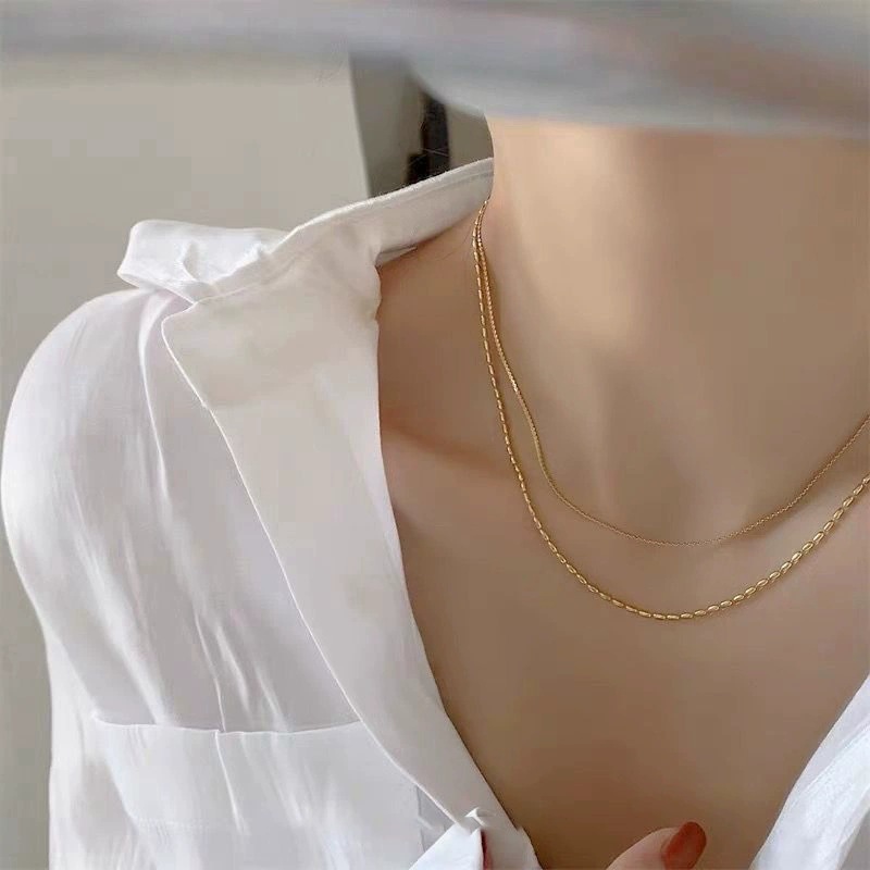 European and American fashion ins simple niche design rice grain chain personality stainless steel plated 18K gold multi-layer necklace women's wholesale