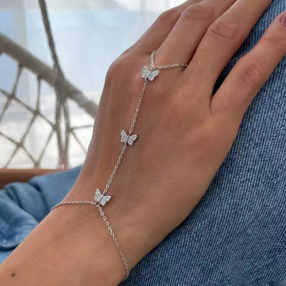 Cross-border hot-selling personalized zircon connected bracelet, European and American fashion metal chain rhinestone hand back chain bracelet