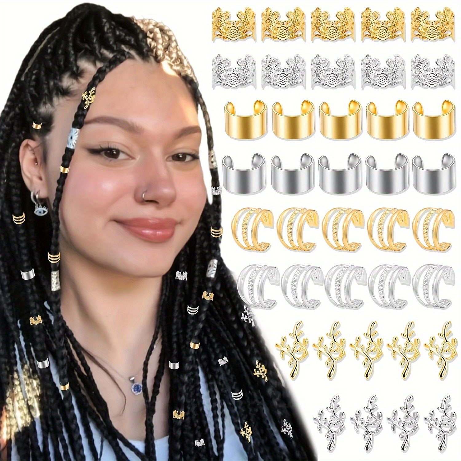 40pcs gold and silver two-tone braid hair accessories alloy dreadlock accessories metal braid hair clips European and American cross-border wholesale