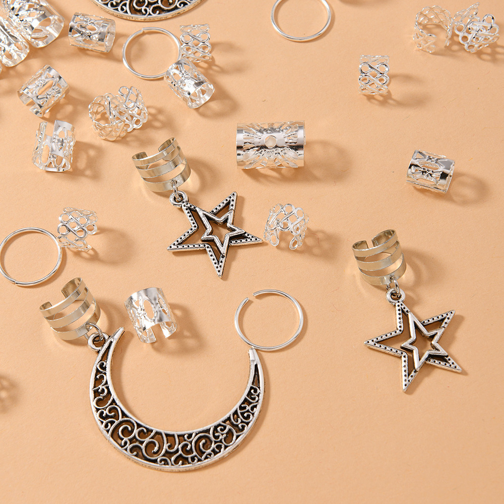 Cross-border supply for Amazon Shein 45pcs star moon hair ring metal hollow open braid dreadlock accessories