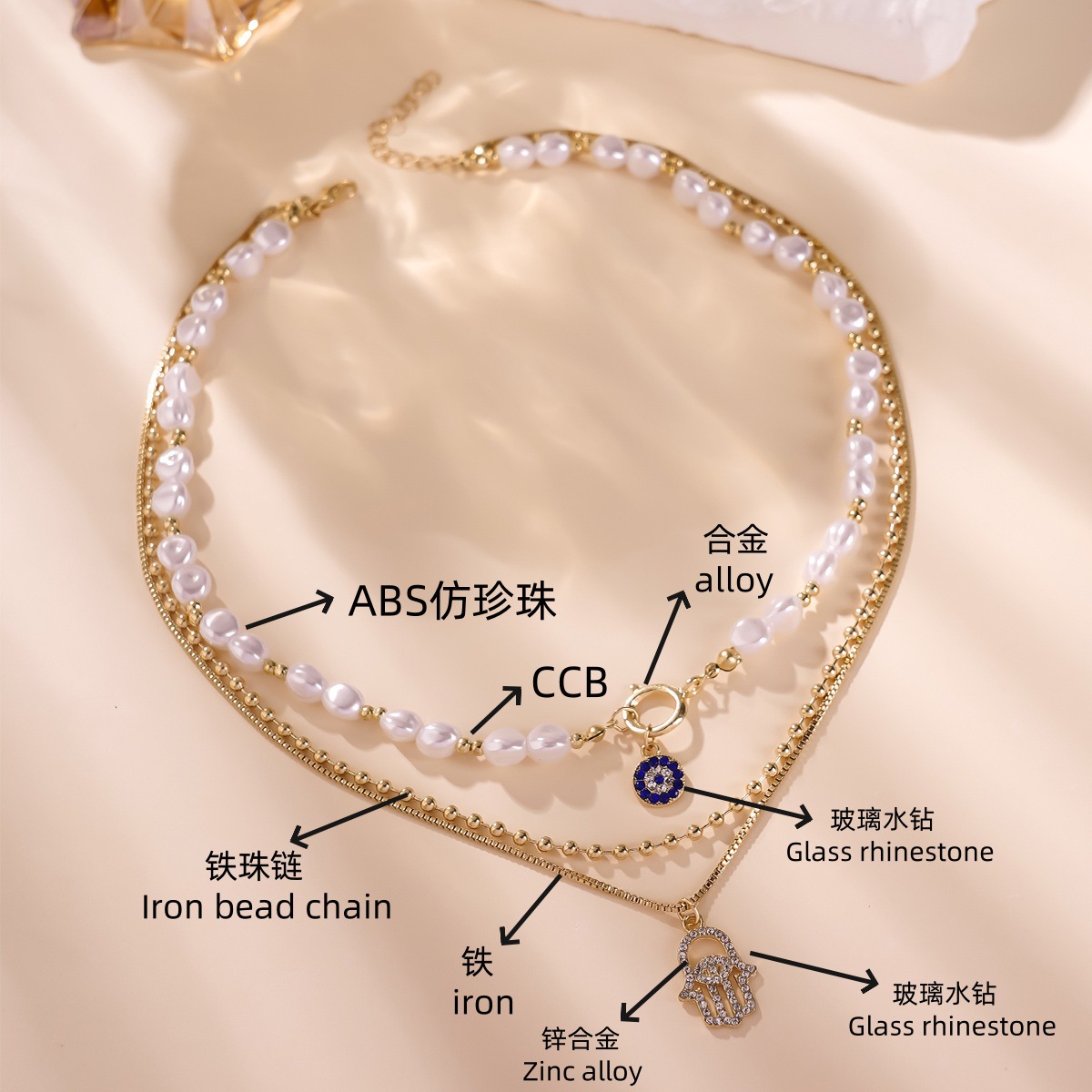 Cross border hot selling 2025 new European and American exaggerated diamond inlaid multi-layer necklace women's pearl eye pendant chain set