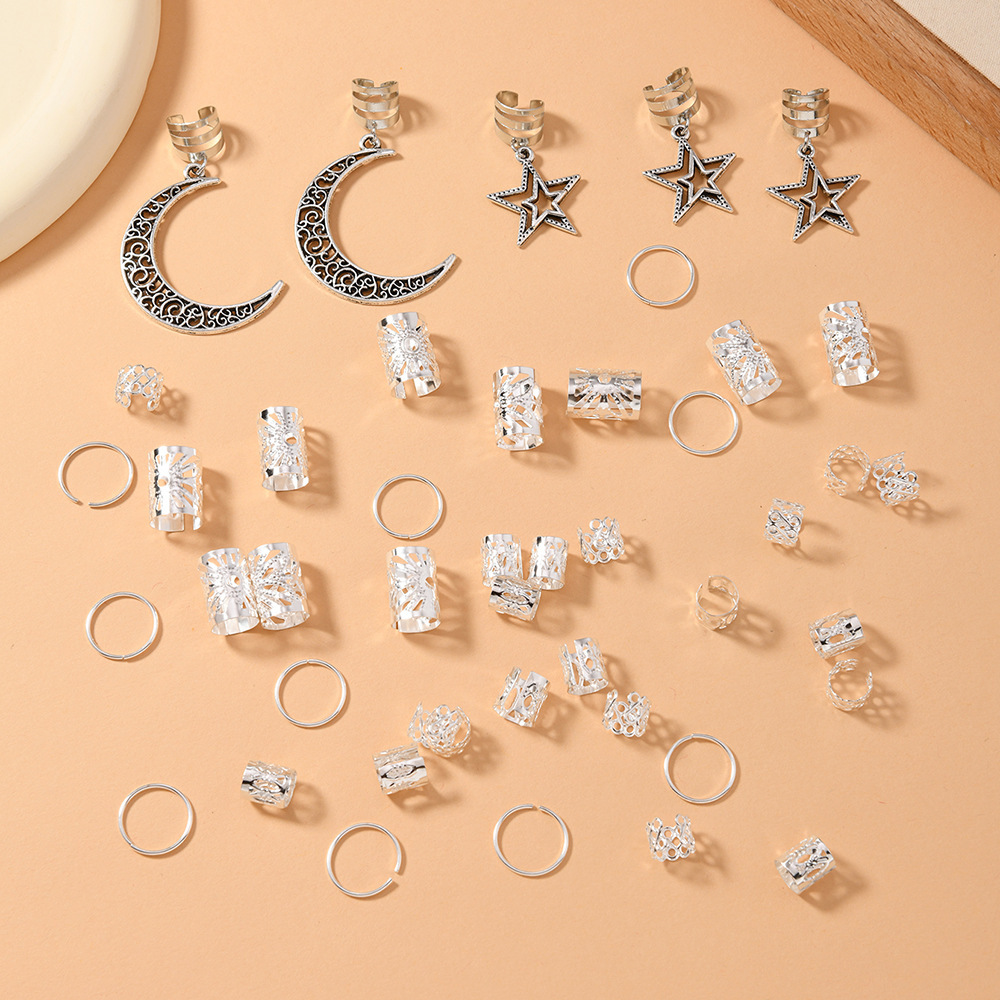 Cross-border supply for Amazon Shein 45pcs star moon hair ring metal hollow open braid dreadlock accessories