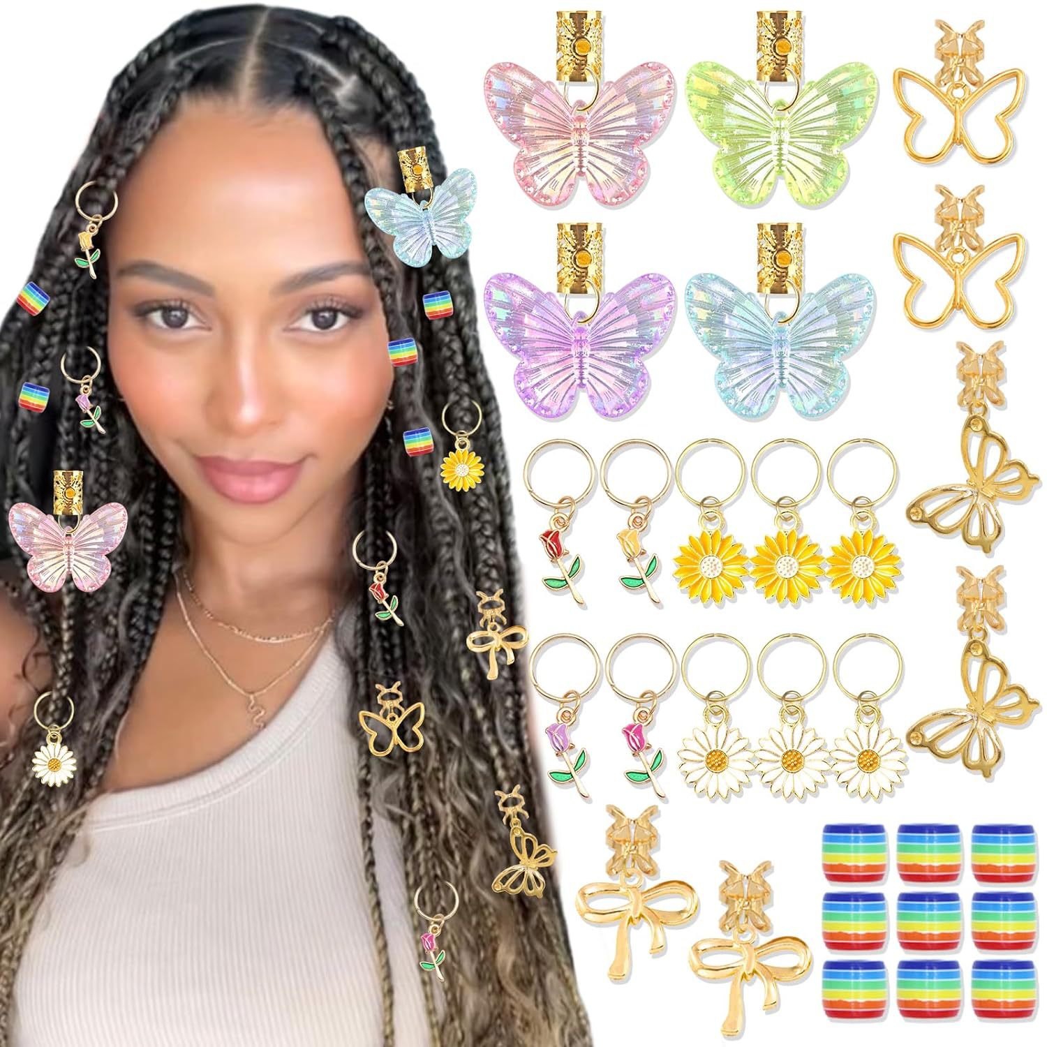Oil-preserving color butterfly pendant macaron color dreadlock accessory daisy flower pendant hair ring clip fake hair extension tool