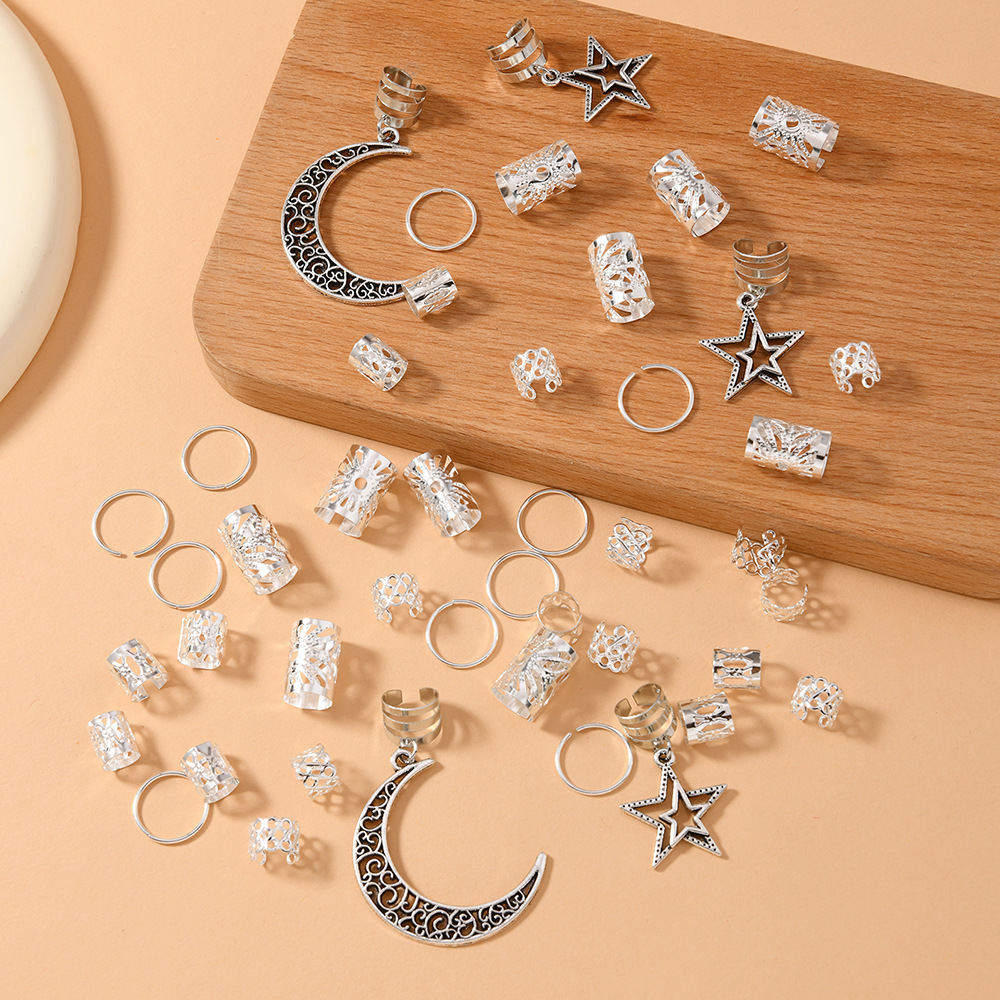 Cross-border supply for Amazon Shein 45pcs star moon hair ring metal hollow open braid dreadlock accessories