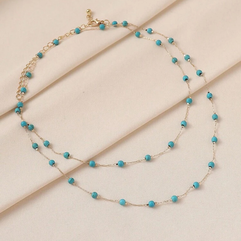 Cross border jewelry hot selling in Europe and America, retro turquoise multi-layer necklace, neck chain, collarbone chain, women's beach vacation accessories jewelry