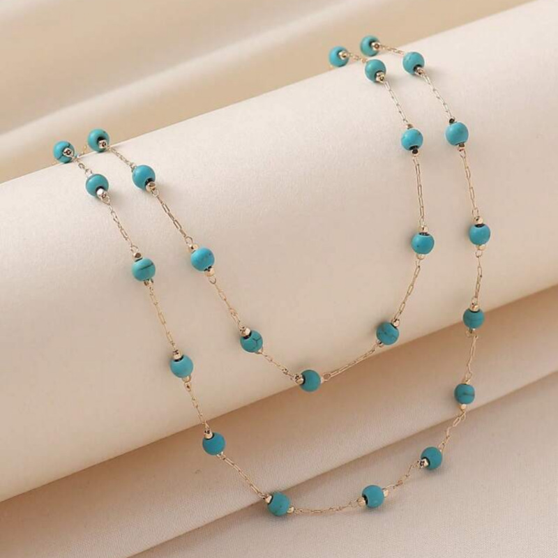 Cross border jewelry hot selling in Europe and America, retro turquoise multi-layer necklace, neck chain, collarbone chain, women's beach vacation accessories jewelry