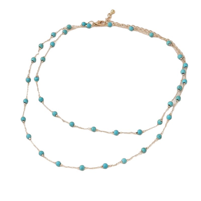 Cross border jewelry hot selling in Europe and America, retro turquoise multi-layer necklace, neck chain, collarbone chain, women's beach vacation accessories jewelry