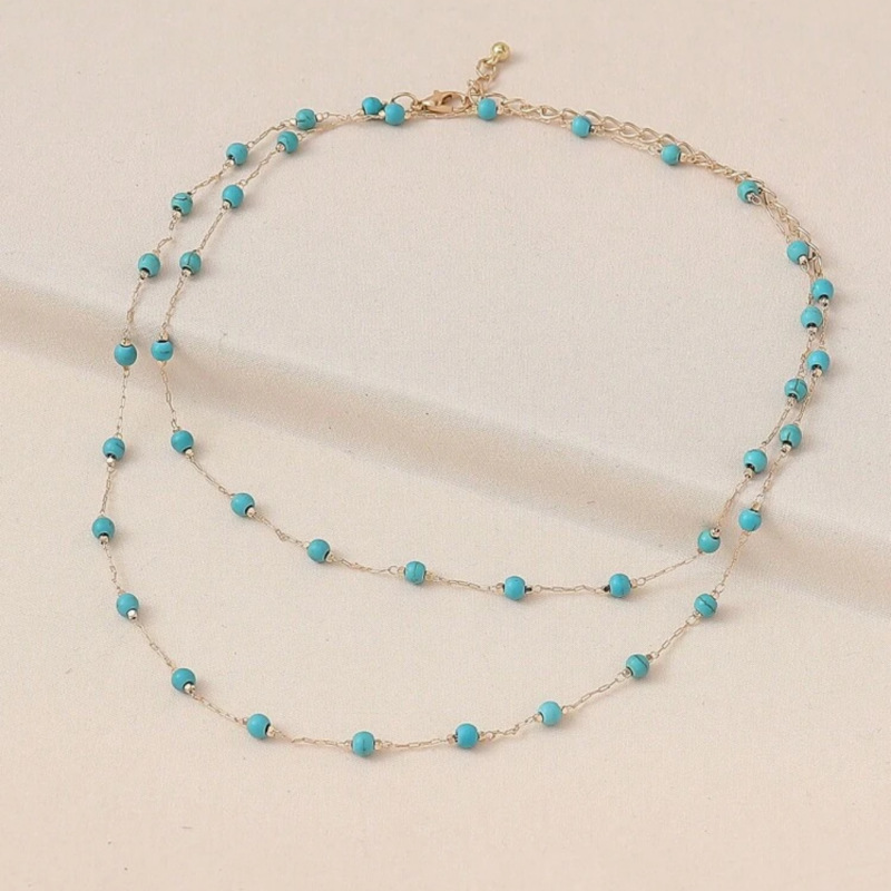 Cross border jewelry hot selling in Europe and America, retro turquoise multi-layer necklace, neck chain, collarbone chain, women's beach vacation accessories jewelry