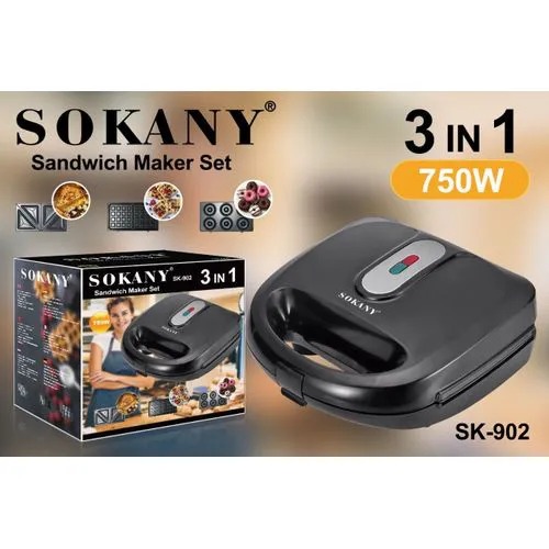 SOKANY 3-in-1 Sandwich Maker - 750W Multi-Function Waffle, Donut & Sandwich Toaster with Non-Stick Plates, Cool Touch Handle, Indicator Lights for Quick Breakfast Snacks Family Meals