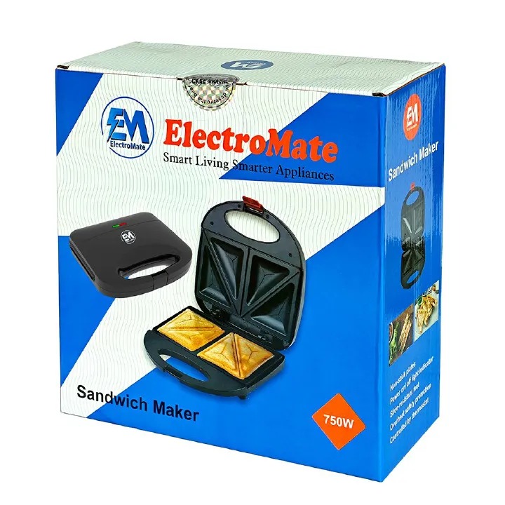 EM Sandwich Maker 2-Slice Non-Stick 750W Toaster for Bread – Perfect for Quick and Easy Snacks ElectroMate