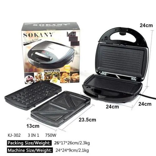 SOKANY 3-in-1 Sandwich Maker - 750W Multi-Function Waffle, Donut & Sandwich Toaster with Non-Stick Plates, Cool Touch Handle, Indicator Lights for Quick Breakfast Snacks Family Meals