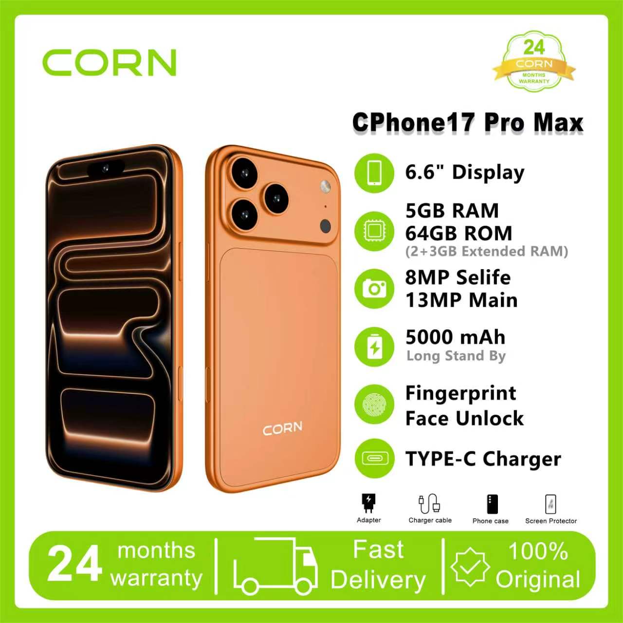 (Brand Official) CORN CPHONE 17PRO MAX 64GB Storage 5GB (2+3 Extended) RAM 6.6'' HD+ Waterdrop Screen 13MP Main +8MP Front Camera 5000mAh Battery Dual SIM Face ID GPS OTG Unlocked Android Smart Phone.