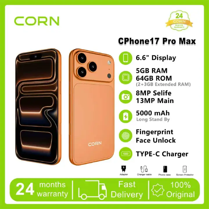 (Brand Official) CORN CPHONE 17PRO MAX 64GB Storage Upto 5RAM (2+3) RAM 6.8'' Display 13MP Main +8MP Front Camera 5000mAh Strong Battery Dual SIM Type-C Fast Charging Android Smartphone phones