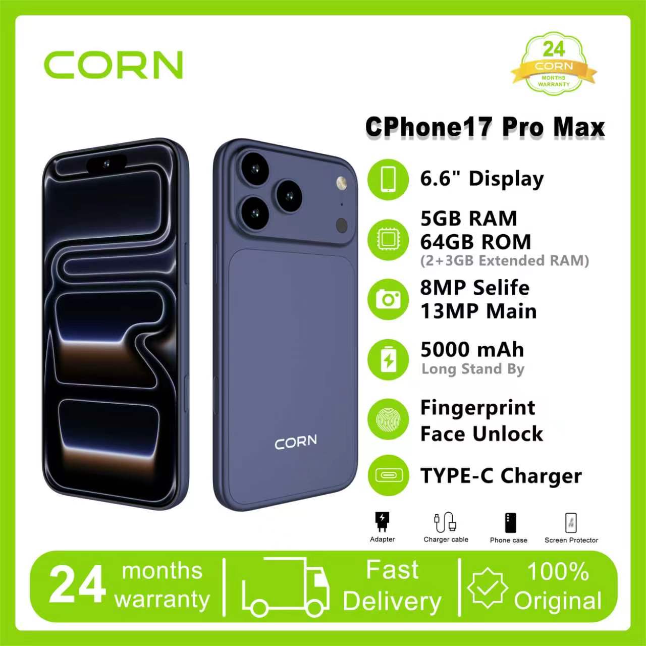 (Brand Official) CORN CPHONE 17PRO MAX 64GB Storage 5GB (2+3 Extended) RAM 6.6'' HD+ Waterdrop Screen 13MP Main +8MP Front Camera 5000mAh Battery Dual SIM Face ID GPS OTG Unlocked Android Smart Phone.