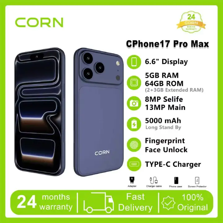 (Brand Official) CORN CPHONE 17PRO MAX 64GB Storage 5GB (2+3 Extended) RAM 6.6'' HD+ Waterdrop Screen 13MP Main +8MP Front Camera 5000mAh Battery Dual SIM Face ID GPS OTG Unlocked Android Smart Phone.